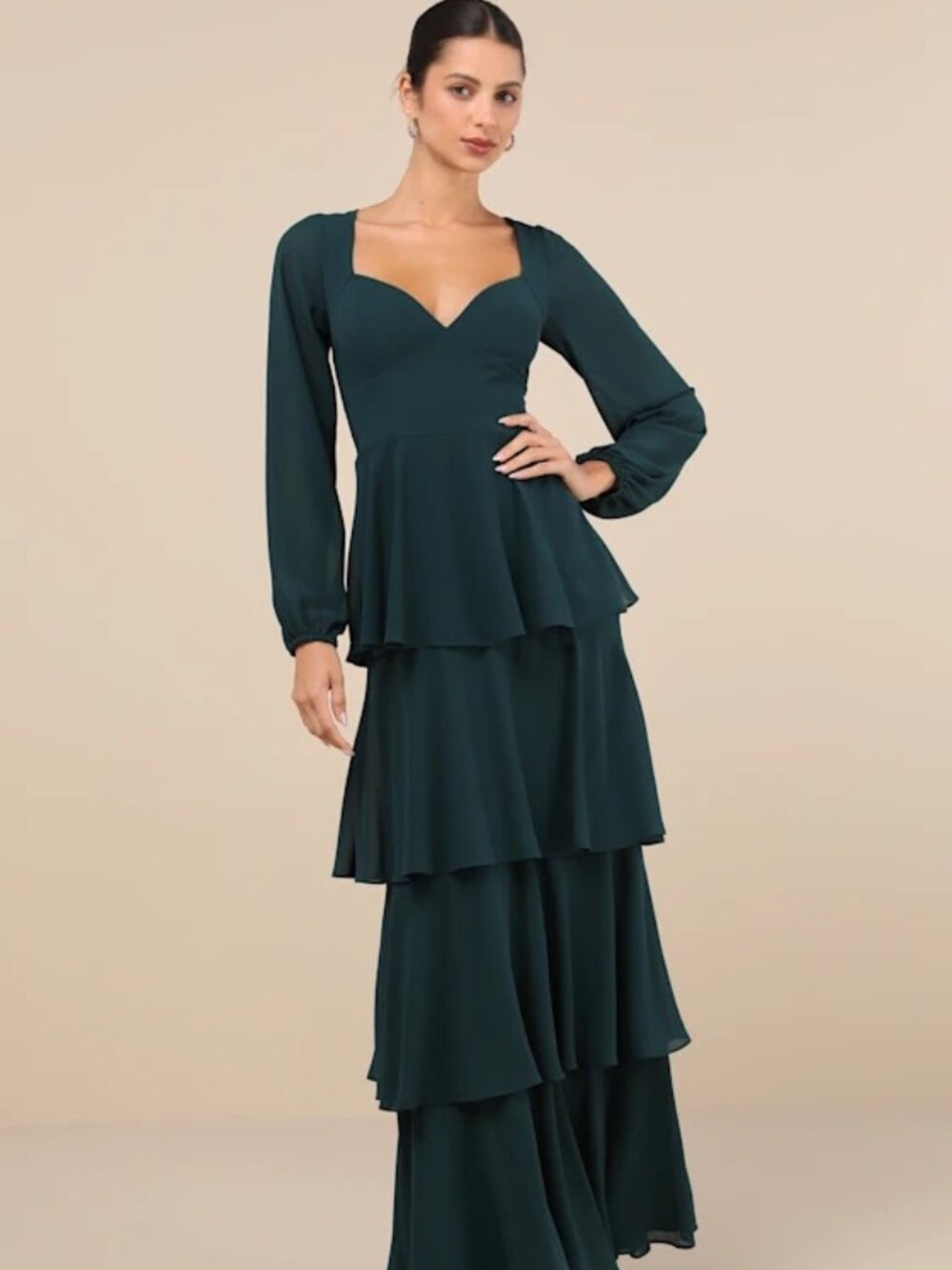 Flawless Excellence Emerald Tiered Long Sleeve Maxi Dress